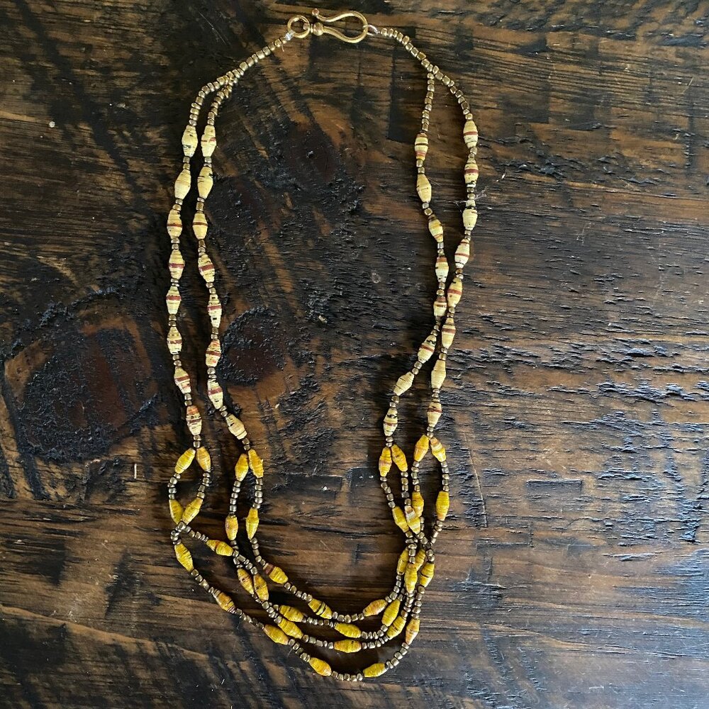 Handmade Paper Bead Necklace Three Strand Vintage Style